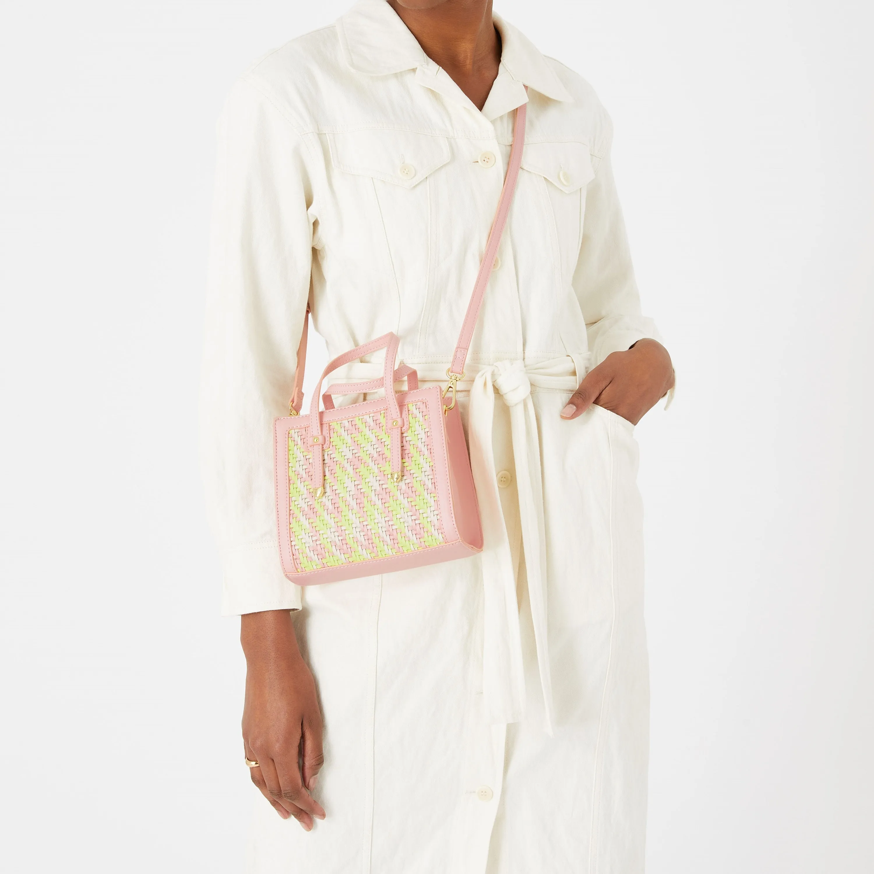 Accessorize London Women's Faux Leather Pink Mini weave handheld Bag
