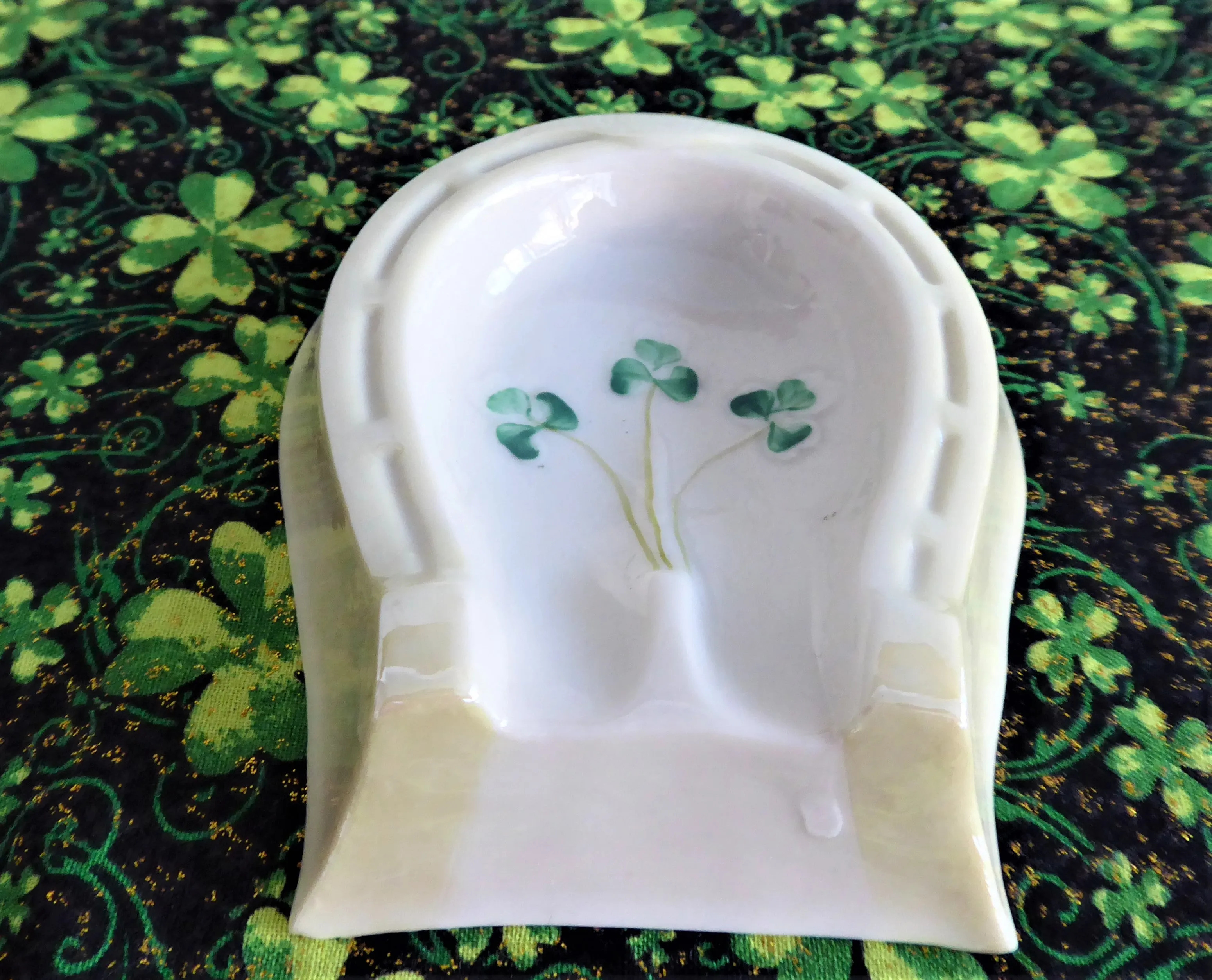 Belleek Shamrock Lucky Horseshoe Spoon Rest 1970s Luster Hand Painted Horses Hoof
