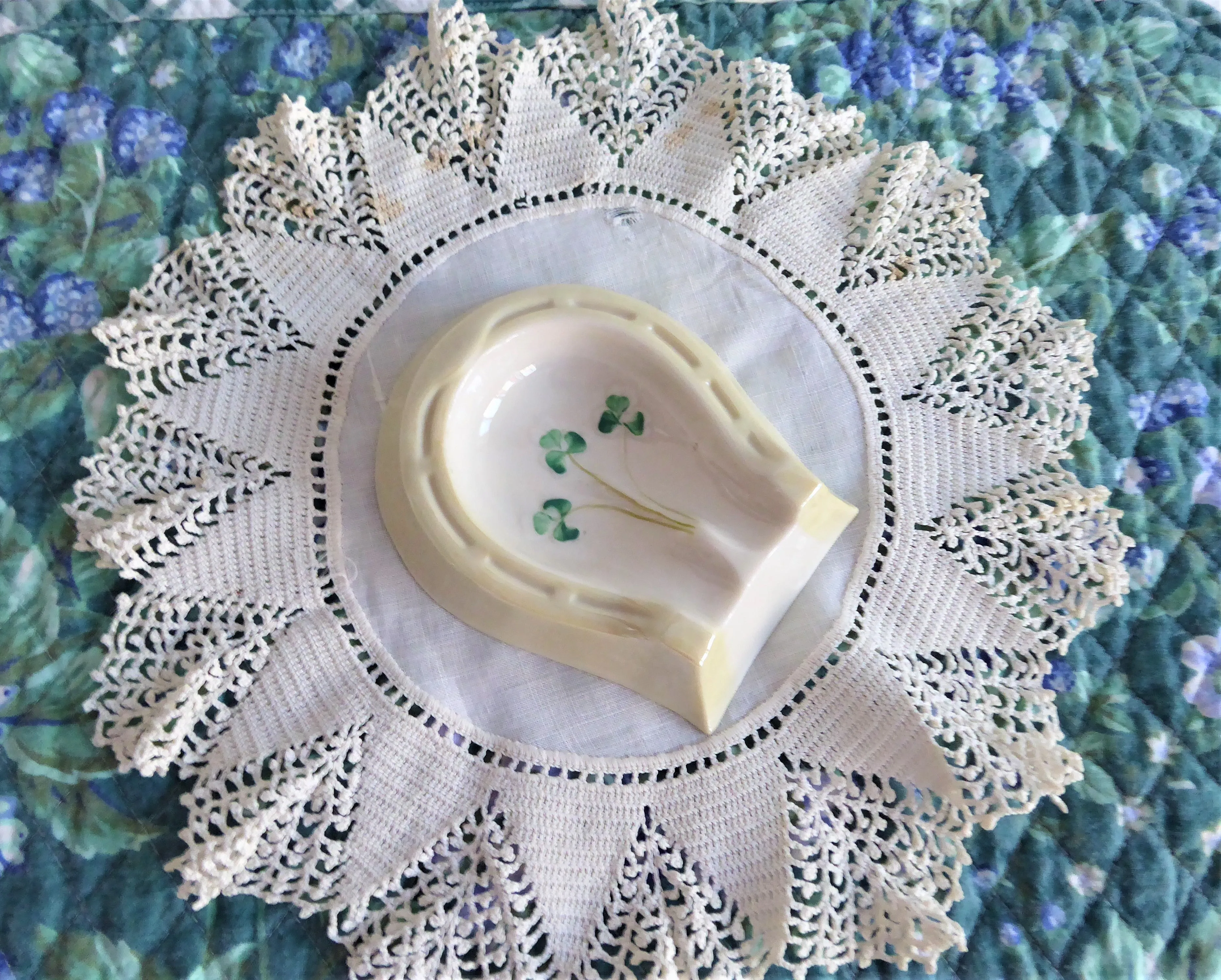 Belleek Shamrock Lucky Horseshoe Spoon Rest 1970s Luster Hand Painted Horses Hoof