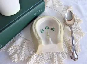 Belleek Shamrock Lucky Horseshoe Spoon Rest 1970s Luster Hand Painted Horses Hoof