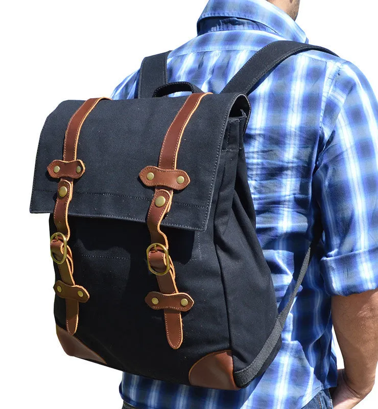 Black Vintage Canvas & Leather Backpack Unisex