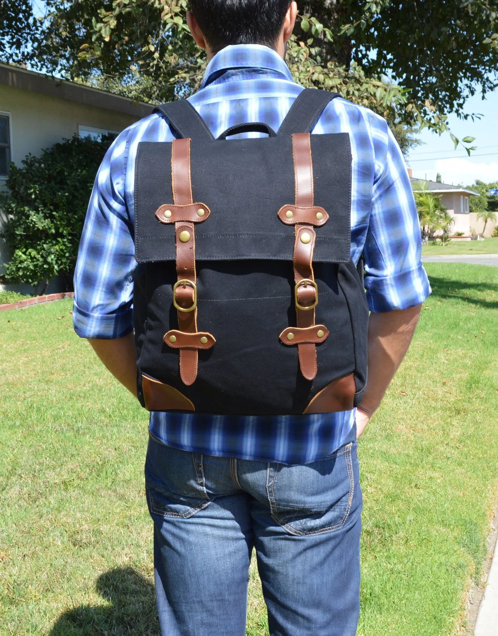 Black Vintage Canvas & Leather Backpack Unisex
