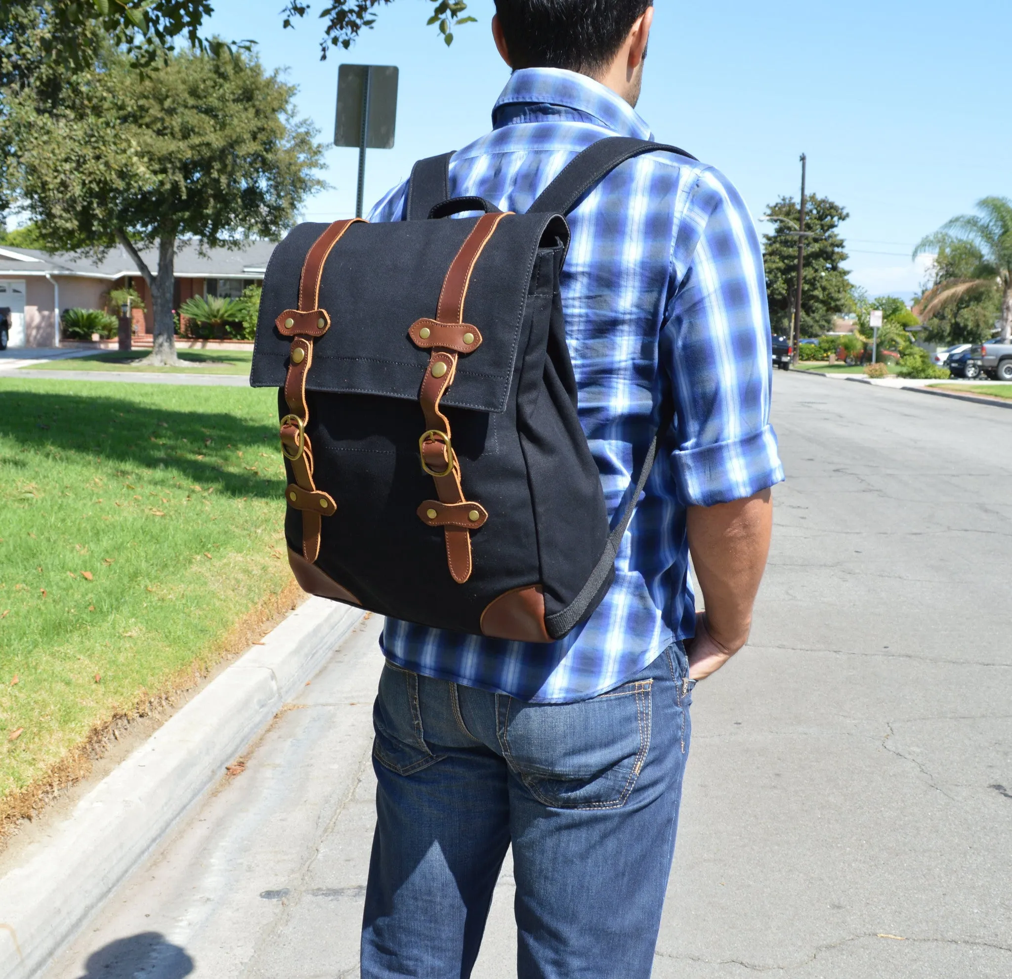 Black Vintage Canvas & Leather Backpack Unisex
