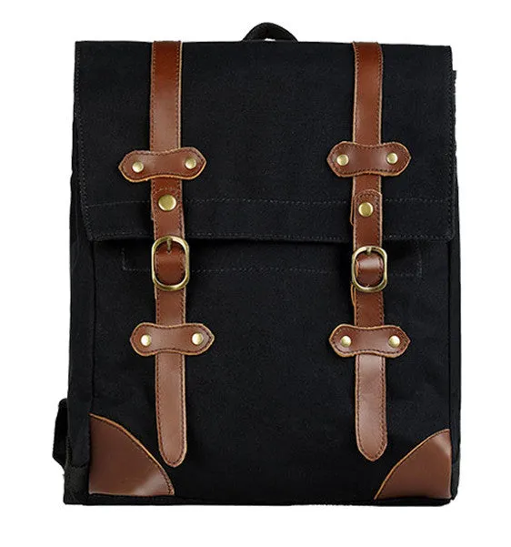 Black Vintage Canvas & Leather Backpack Unisex