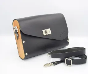 Black women bag from leather and wood