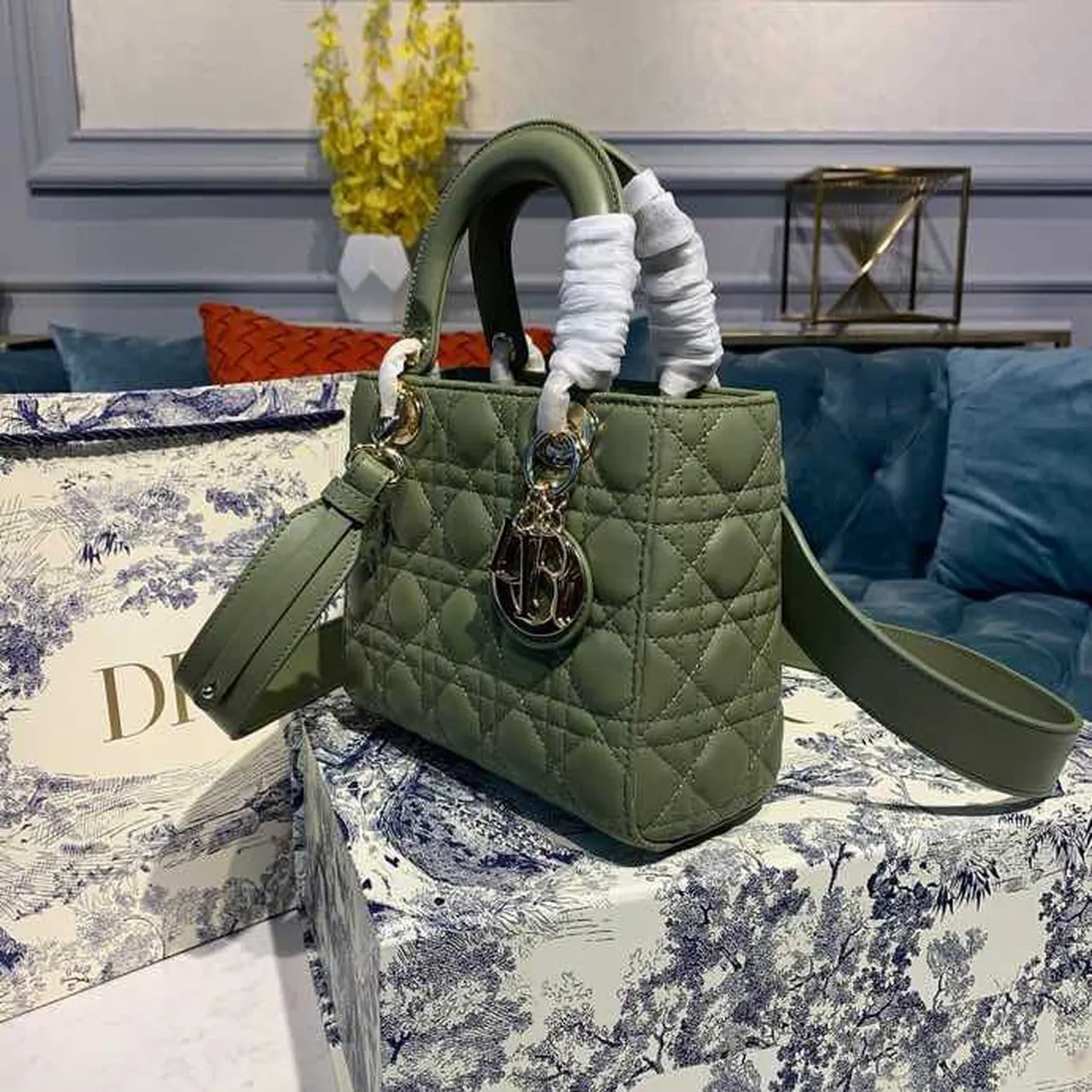 DI Small Lady Bag Ultramatte Cannage Olive Green For Women 8in/20cm CD