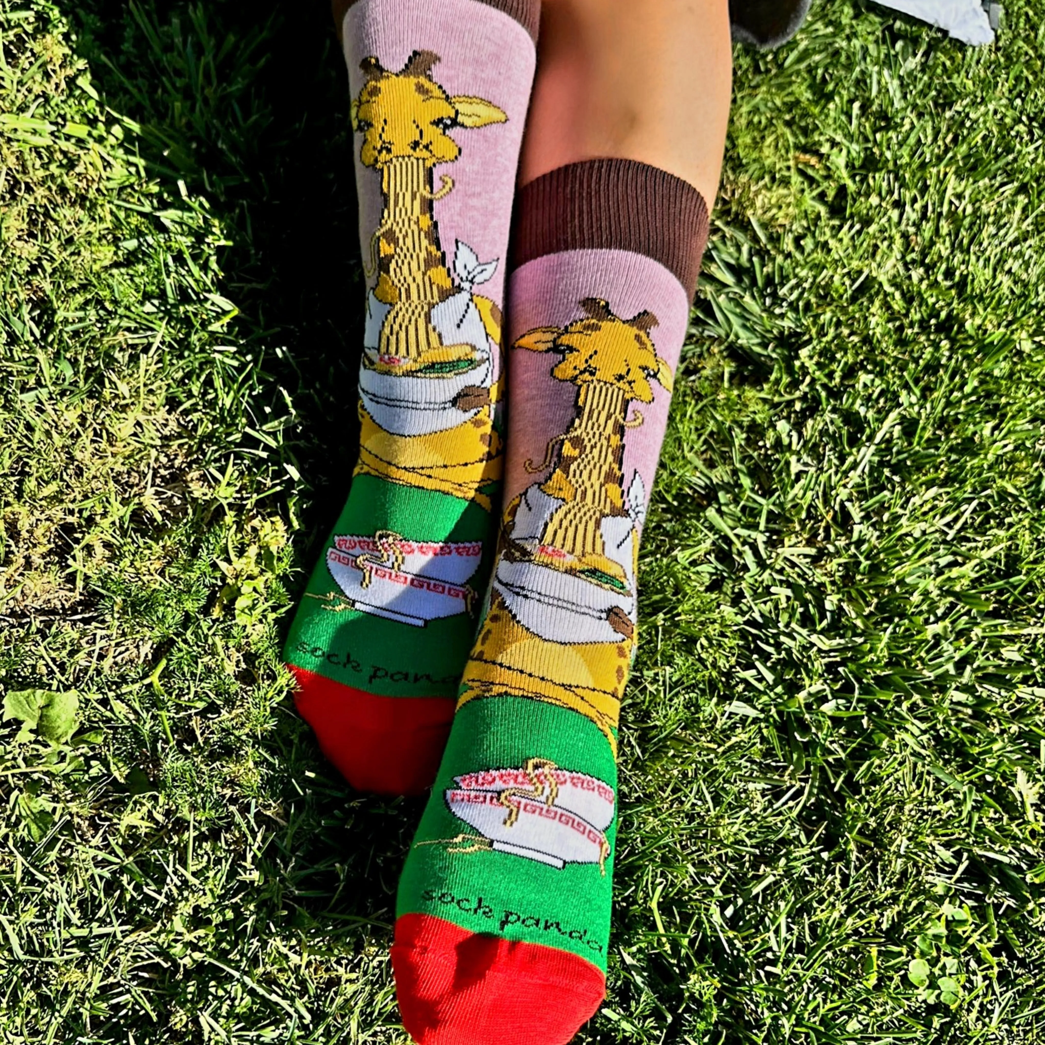 Giraffe Yogi Eating Ramen Socks from the Sock Panda (Adult Medium - Women's Shoe Sizes 5-10)
