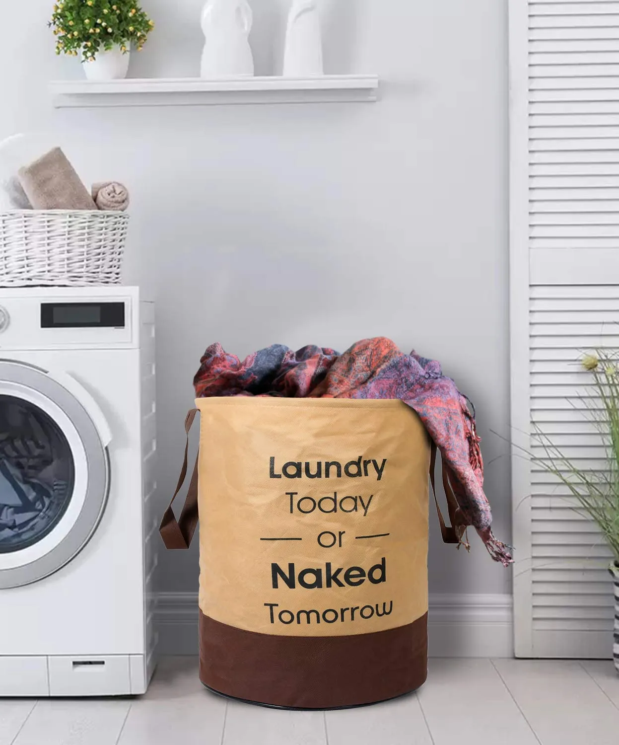 Kuber Industries Waterproof Round Non Wovan Laundry Bag/Hamper|Metalic Printed With Handles|Foldable Bin & 45 Liter Capicity|Size 37 x 37 x 49, Pack of 1 (Beige & Brown)-KUBMART11450