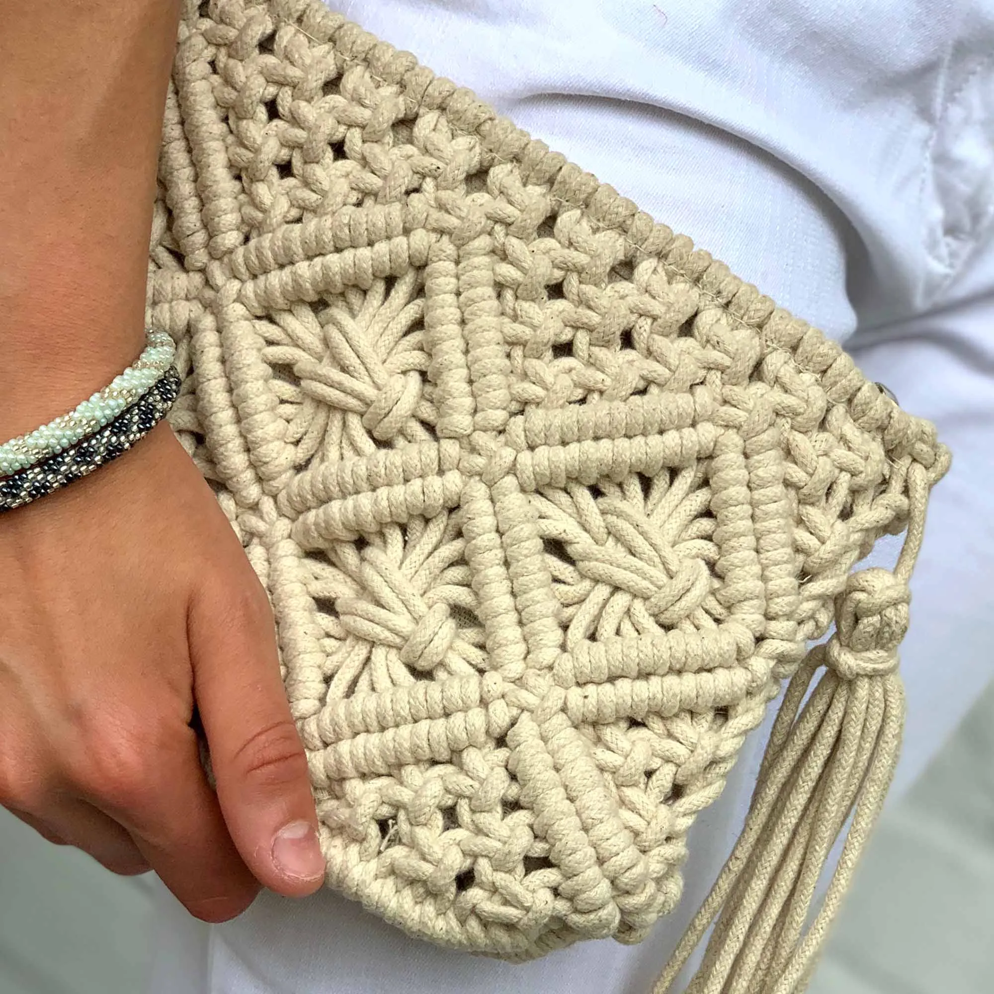 Macrame Clutch with Tassel Cream