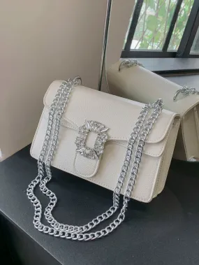 SHEIN Women's One Shoulder Bag, White Small Square Bag With Rhinestone Lock Y2K Bowknot Crossbody Bag Trendy Chain Shoulder Bag Women Square Purse For Every Day, Perfect For Music Festival