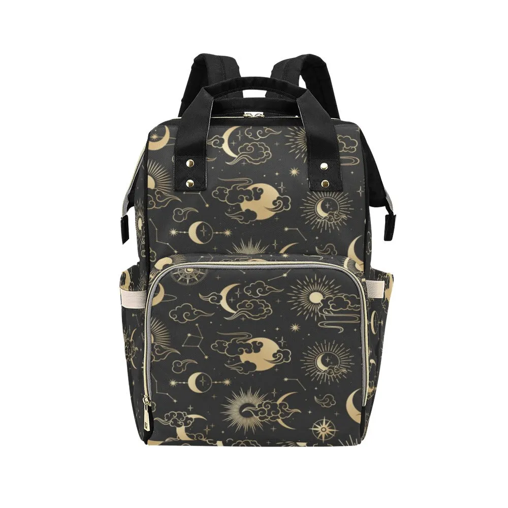 Sun Moon Diaper Bag Backpack, Constellation Stars 70s Baby Girl Waterproof Insulated Pockets Stylish Mom Designer Men Women Multipurpose