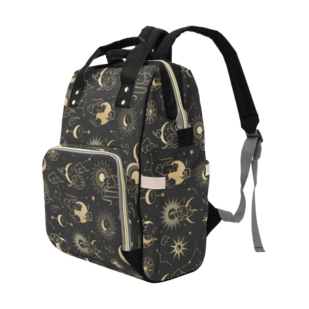 Sun Moon Diaper Bag Backpack, Constellation Stars 70s Baby Girl Waterproof Insulated Pockets Stylish Mom Designer Men Women Multipurpose
