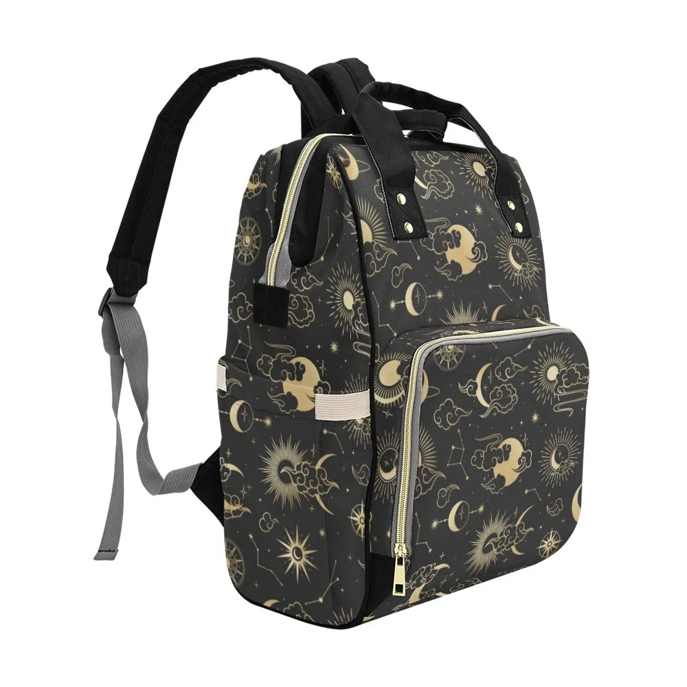 Sun Moon Diaper Bag Backpack, Constellation Stars 70s Baby Girl Waterproof Insulated Pockets Stylish Mom Designer Men Women Multipurpose